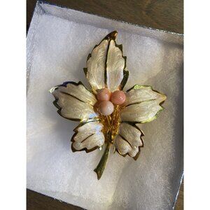 Vintage Estate Brooch Gold Tone Enamel Leaf Maple Coral Bead Costume Jewelry